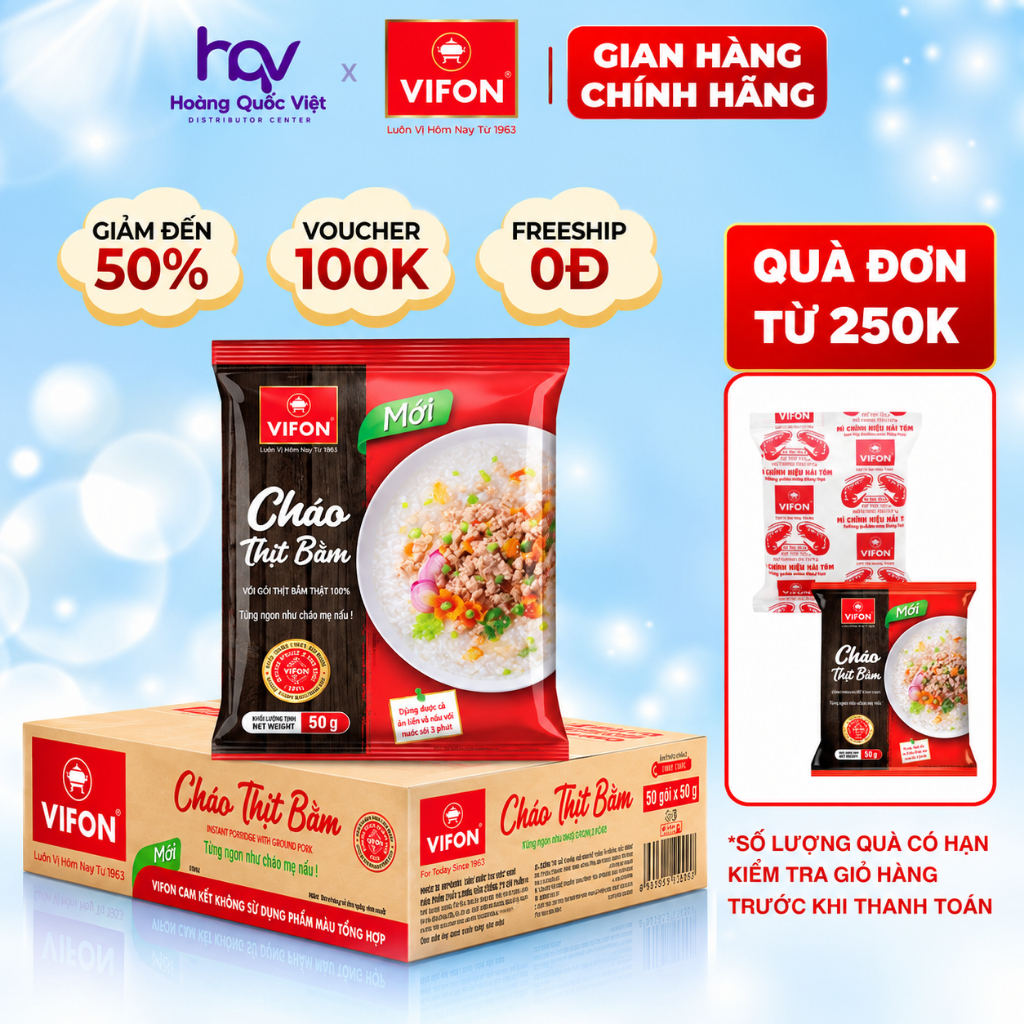 Thùng 50 Gói Cháo Ăn Liền VIFON Thịt Bằm/Cháo Gà/Cháo Cá 50g Vị Ngon Tự Nhiên Tiện Lợi Tiết Kiệm
