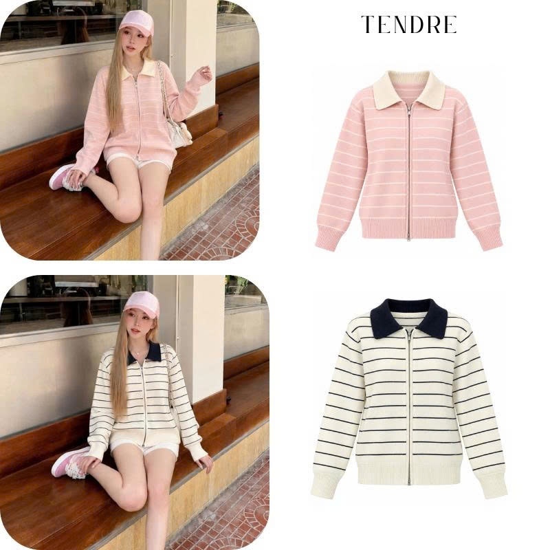 TENDRE - Áo Len Dệt Kim Nữ Khoá Kéo Cổ Bẻ , Áo Khoác Len Nữ Kẻ Dáng Rộng  Tay Dài Phong Cách Trẻ Trung Năng Động B75