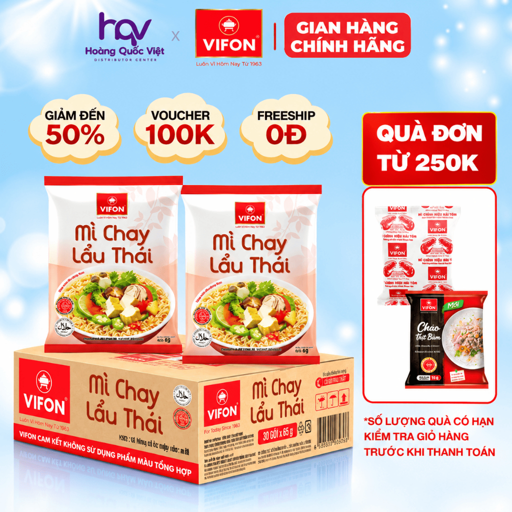 Thùng 30 Gói Mì Chay Lẩu Thái VIFON 65g Ăn Liền Sợi Mì Giòn Trơn Thơm Ngon Thanh Vị Tiện Lợi
