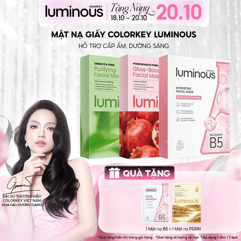 Mặt Nạ Colorkey Luminous | Vitamin B5/ Vitamin B3/ Trà xanh/ PDRN| Hỗ trợ dưỡng ẩm, sáng da, giảm dầu mụn| 10 miếng/Hộp