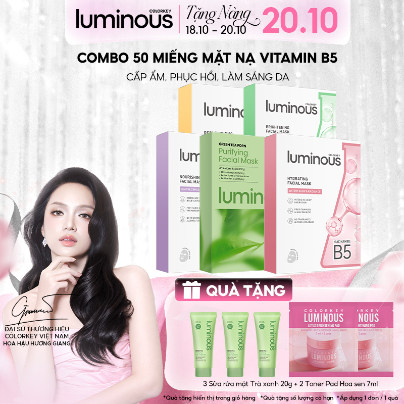Combo 5 Hộp Mặt Nạ Giấy Vitamin B5 Colorkey Luminous Cho Mọi Loại Da Hỗ Trợ Cấp Ẩm Làm Dịu & Phục Hồi Da (10 Miếng/Hộp)