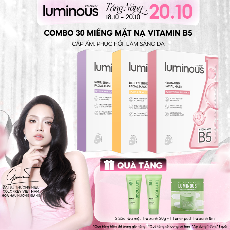 COMBO 3 Hộp Mặt Nạ Colorkey Luminous |Tinh Chất Vitamin B5 Cấp Ẩm Sâu Cho Da Căng Bóng| Phù Hợp Da Nhạy Cảm| 25ml x 30