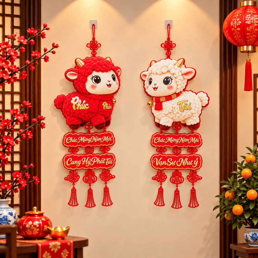 Bộ Đôi Dây Treo Trang Trí Tết 2027 Dán Cửa Hình Dê May Mắn, Phúc Lộc Tài, Câu Đối Chúc Mừng Năm Mới