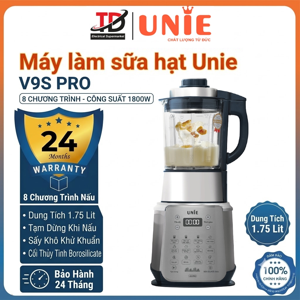 Máy Xay Nấu Sữa Hạt Unie V9S PRO, Bản Mới Mạnh Mẽ Êm Ái, Cối 5 lớp chịu nhiệt, 1800W-1.75L, Hàng chính hãng