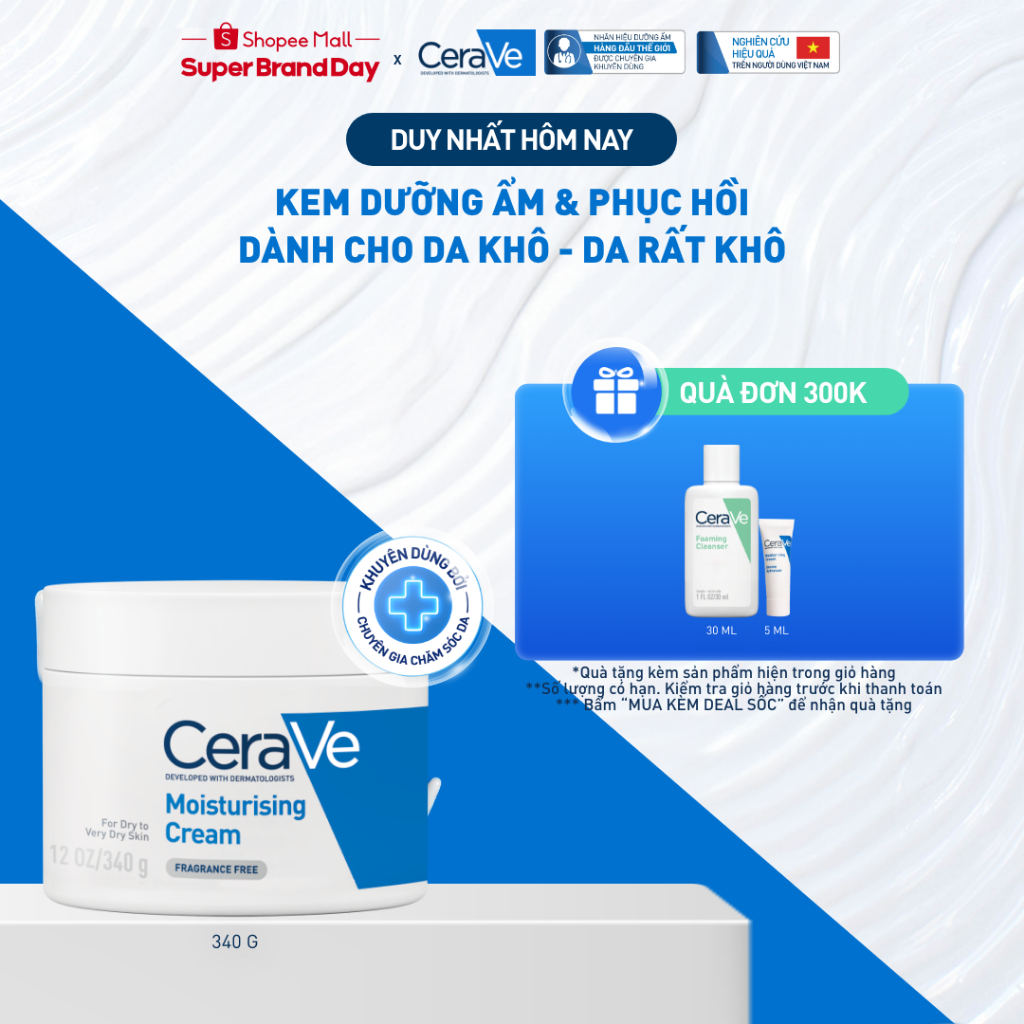 Kem dưỡng ẩm phục hồi sâu và ẩm mịn suốt 48H dành cho da khô, duy trì hàng rào bảo vệ da CERAVE MOISTURISING CREAM 340G