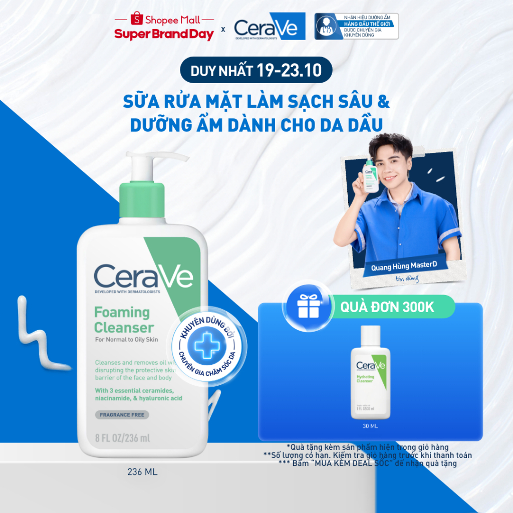 Sữa rửa mặt foaming giúp làm sạch sâu và dưỡng ẩm dịu nhẹ dành cho da dầu - CeraVe Foaming Facial Cleanser 236ML