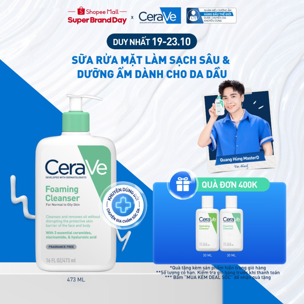 Sữa rửa mặt foaming giúp làm sạch sâu và dưỡng ẩm dịu nhẹ dành cho da dầu - CeraVe Foaming Facial Cleanser 473ML