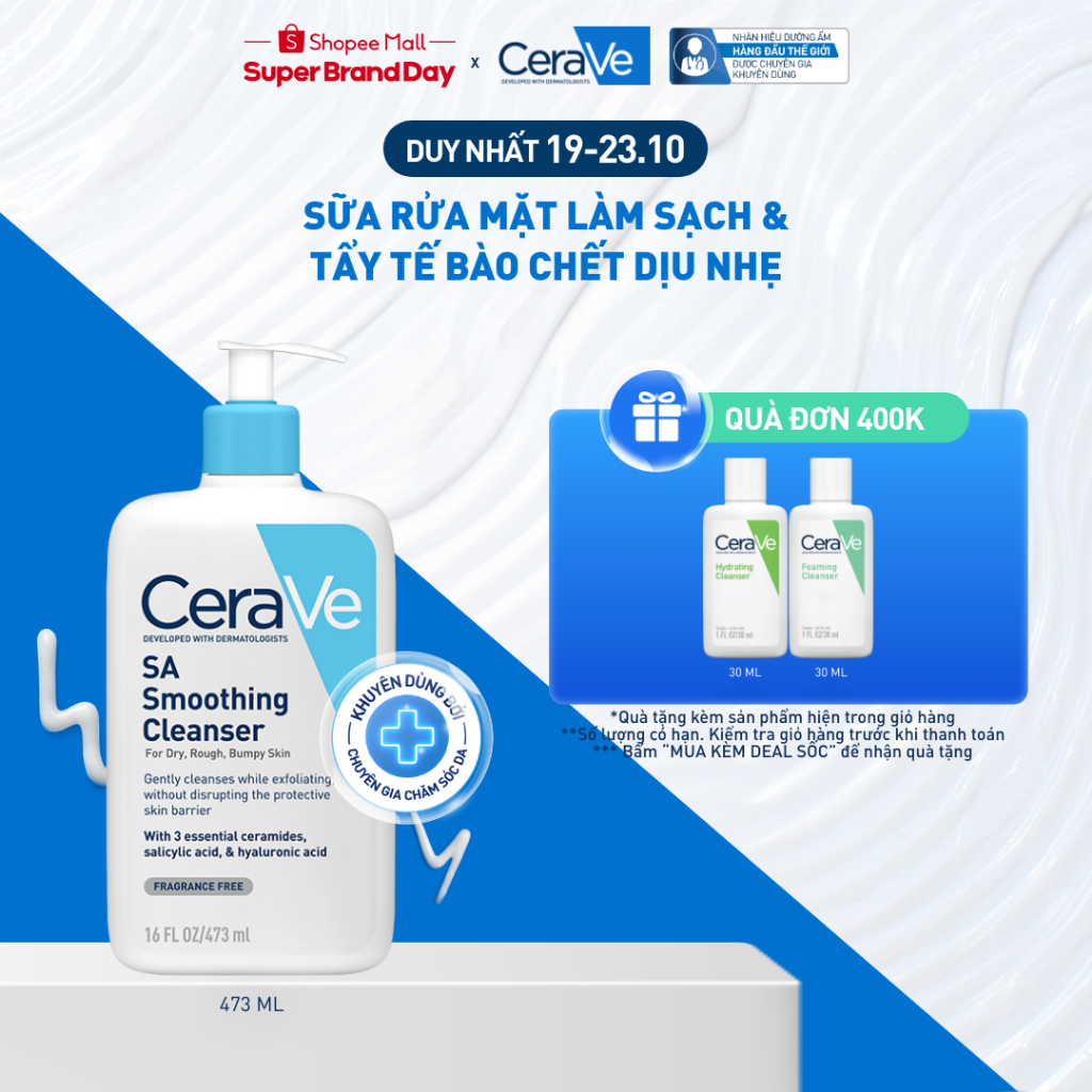 Sữa rửa mặt làm sạch da, loại bỏ dầu thừa và tẩy tế bào chết dịu nhẹ không gây khô da CeraVe SA Smoothing Cleanser 473ML