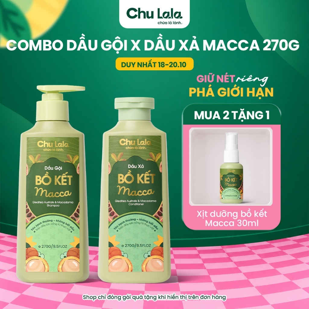 Combo Dầu Gội & Dầu Xả Bồ Kết Macca Chu Lala – Hỗ Trợ Phục Hồi Tóc Hư Tổn, Giảm Gãy Rụng 270G