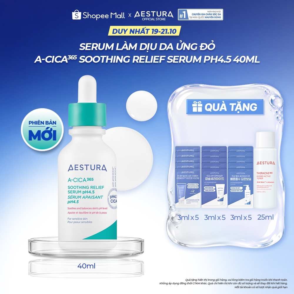 [PHIÊN BẢN MỚI] Serum làm dịu da ửng đỏ AESTURA A-CICA365 SOOTHING RELIEF SERUM pH4.5 40ml