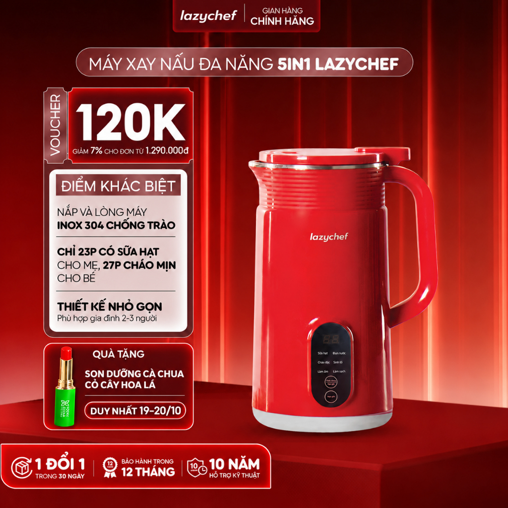 Máy Làm Sữa Hạt Lazychef - Máy Xay Nấu Đa Năng - Máy Xay Sinh Tố Lazychef, Chống Trào, Độ Ồn Thấp