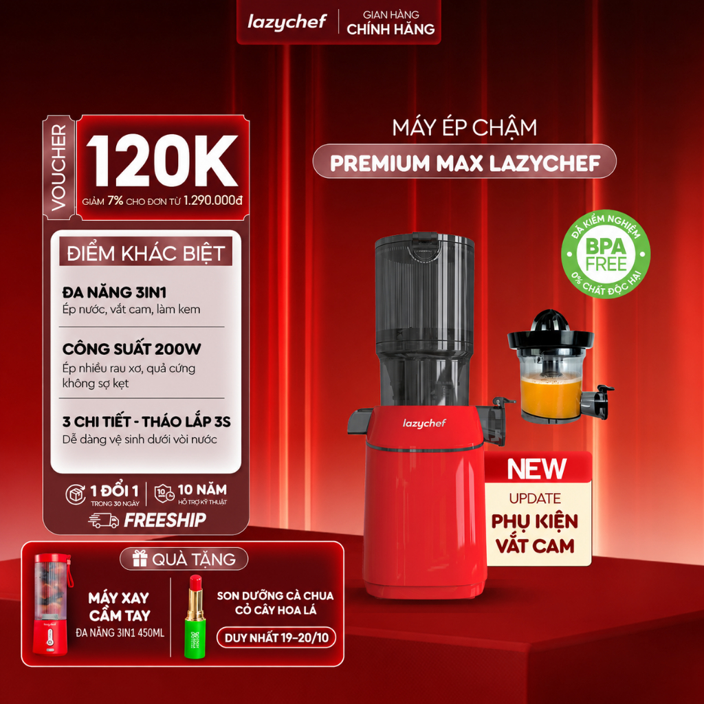 Máy Ép Chậm Lazychef 3S Premium Max 200W – Motor Mạnh Hơn, Tháo Lắp 3 Giây, Làm Kem, Bảo Hành Tận Nhà 12 Tháng