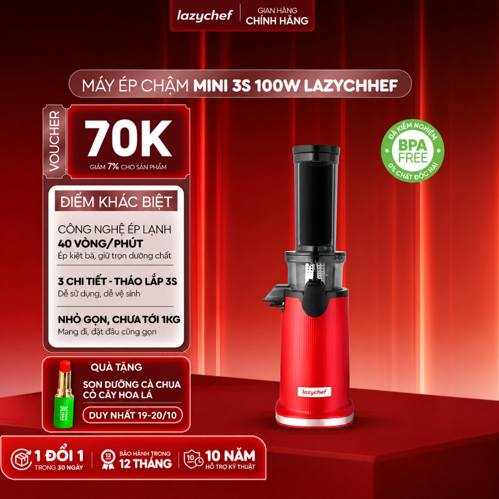 Máy Ép Chậm Mini 3S 100w Lazychef - Máy Ép Trái Cây, Làm Kem Hoa Quả, Tháo Lắp 3s, Công Nghệ Ép Lạnh