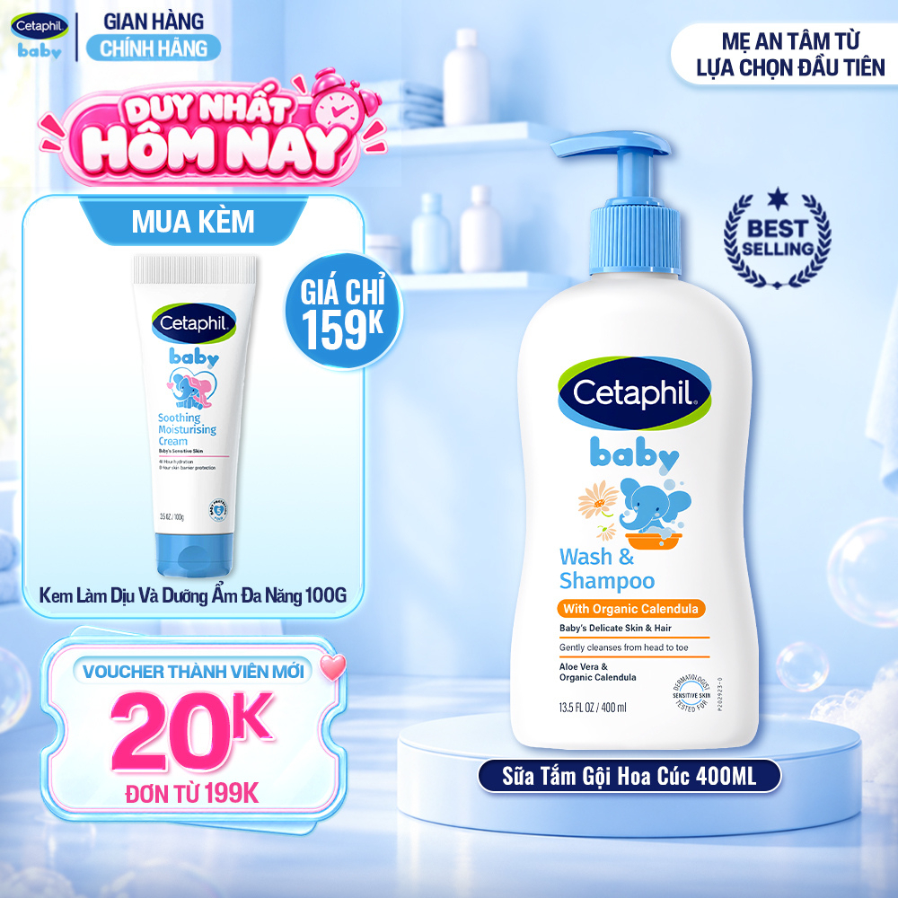 Sữa tắm gội dưỡng ẩm dịu lành cho bé với Calendula hoa cúc hữu cơ CETAPHIL BABY W&SHAMPOO CALENDULA 400ML