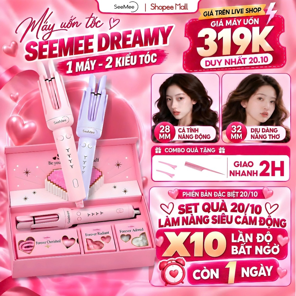 [GIÁ 319K TẠI LIVE SHOP] Máy Uốn Tóc Tự Động Seemee trục 28mm 32mm, Set Quà Tặng Cho Nữ 20/10 LOVEBOX bản 2025, LIS
