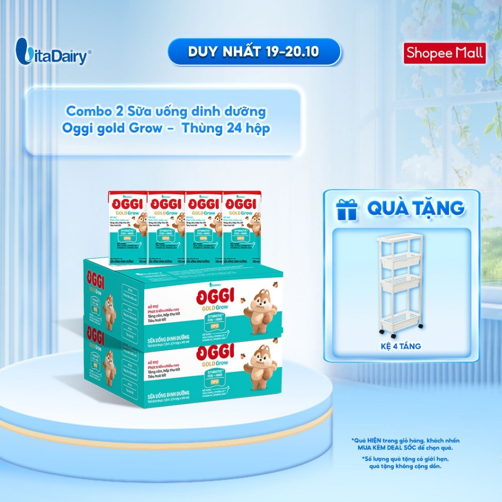 [Tetra Pak x VitaDairy][COMBO 2 THÙNG 24 HỘP] Sữa uống dinh dưỡng Oggi Gold Grow phát triển chiều cao - Hộp 110ml/180ml