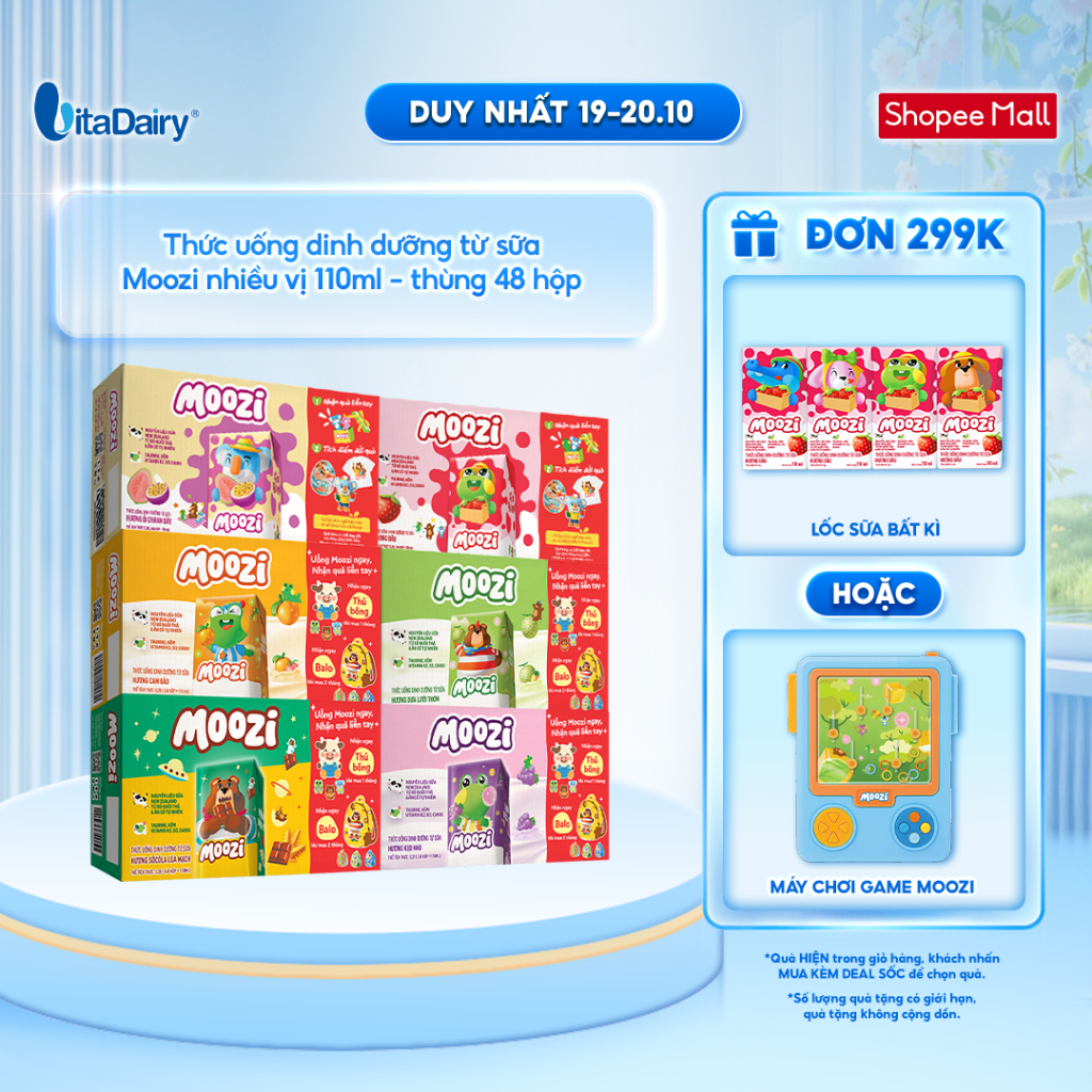 [THÙNG 48 HỘP] Thức uống dinh dưỡng Moozi nhiều hương Kẹo Nho/Socola Lúa Mạch/Dưa Lưới/Cam Đào/Dâu/Ổi Chanh Dây - 110ml