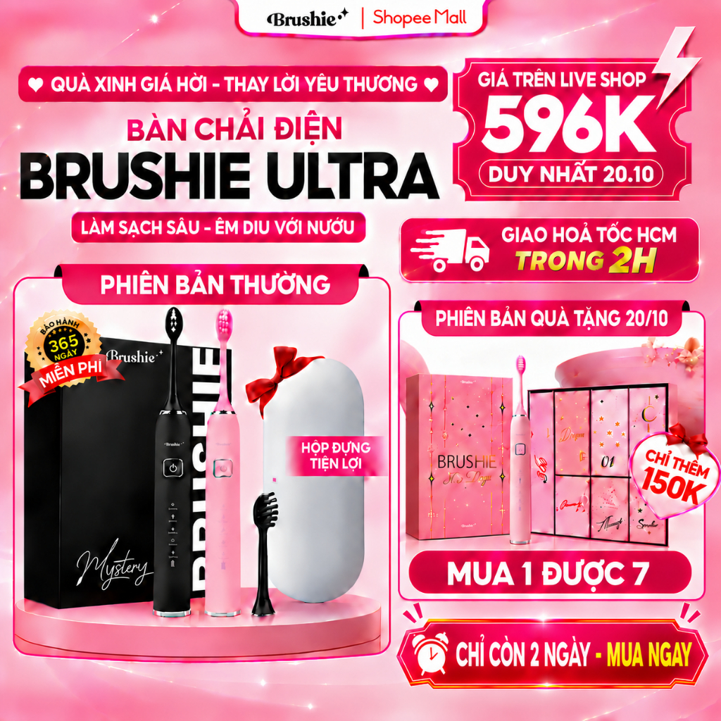 [GIÁ 540K LIVE SHOP] Bàn Chải Điện Brushie Ultra One Lông Mềm, Tích Hợp Máy Rửa Mặt, Bộ Set Quà Tặng Cho Nữ 20/10, LIS