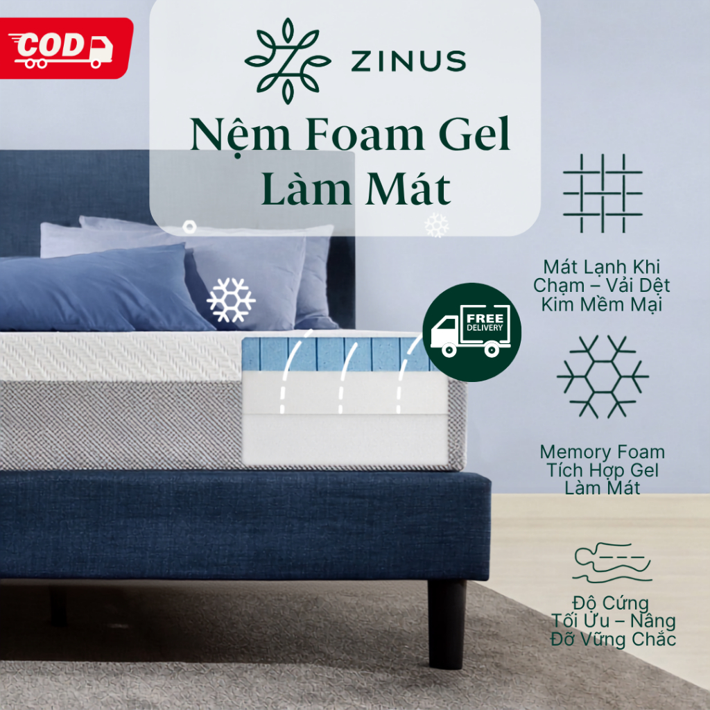 Nệm Memory Foam Gel Mát 25cm Zinus - 10in Gel-Infused Foam Mattress