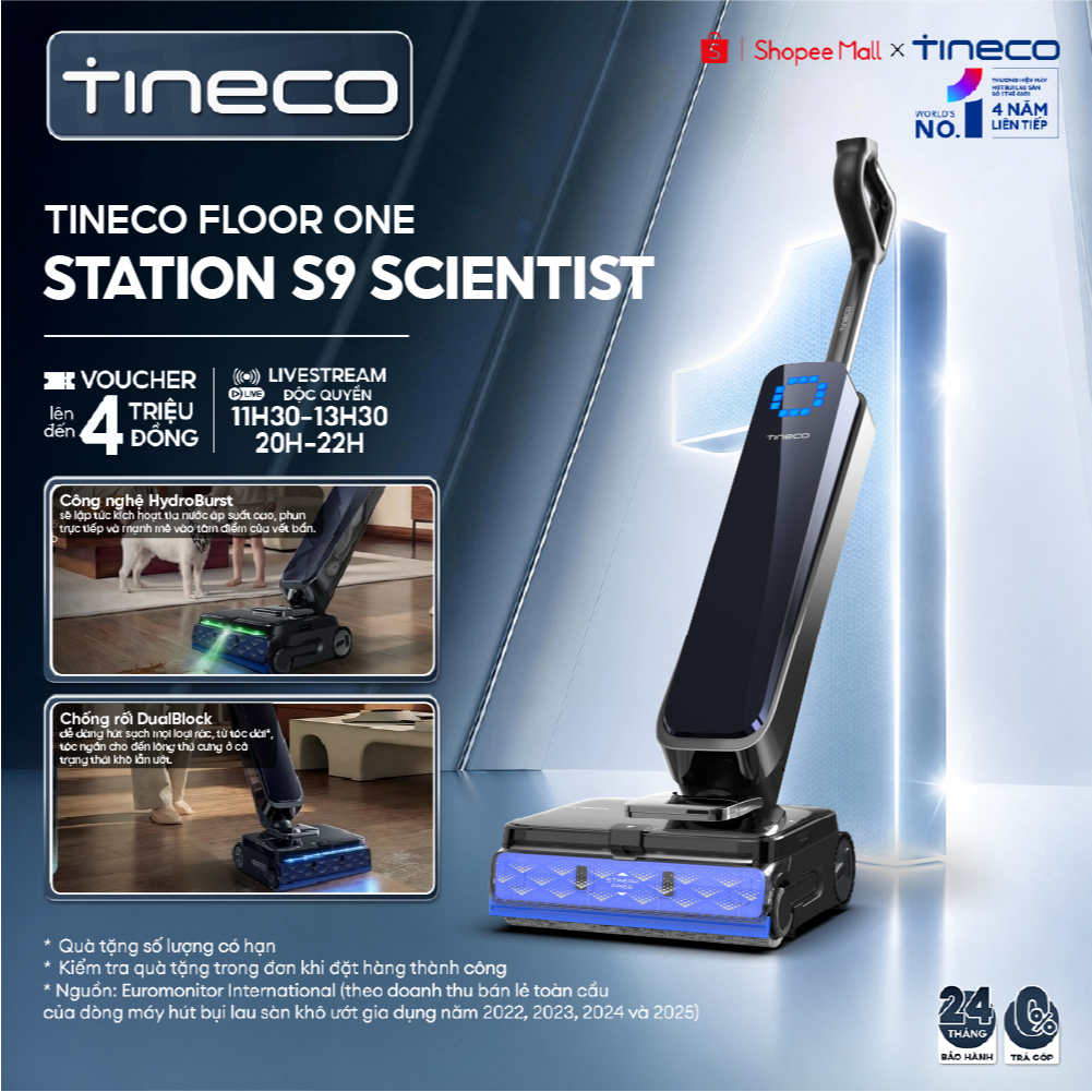 Tineco Floor One Station S9 Scientist Máy hút bụi lau sàn nước nóng - Lực hút 25.000Pa - Thời gian hoạt động lên tới 70p