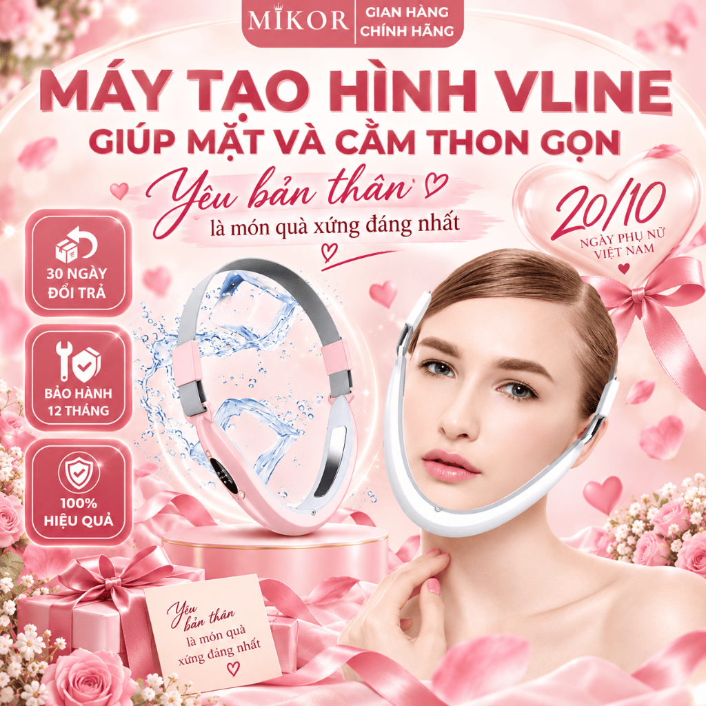Máy nâng cơ mặt Vline sóng EMS, thiết bị massage thon gọn mặt, nâng cơ mặt thương hiệu Mikor