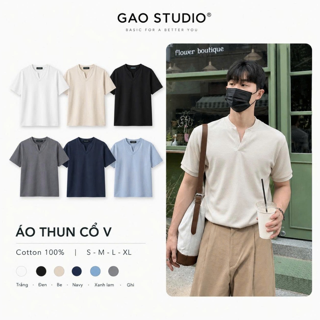 Áo thun nam trơn cổ V phong cách Hàn Quốc vải Cotton co giãn thấm hút mồ hôi form áo ôm nhẹ tôn dáng