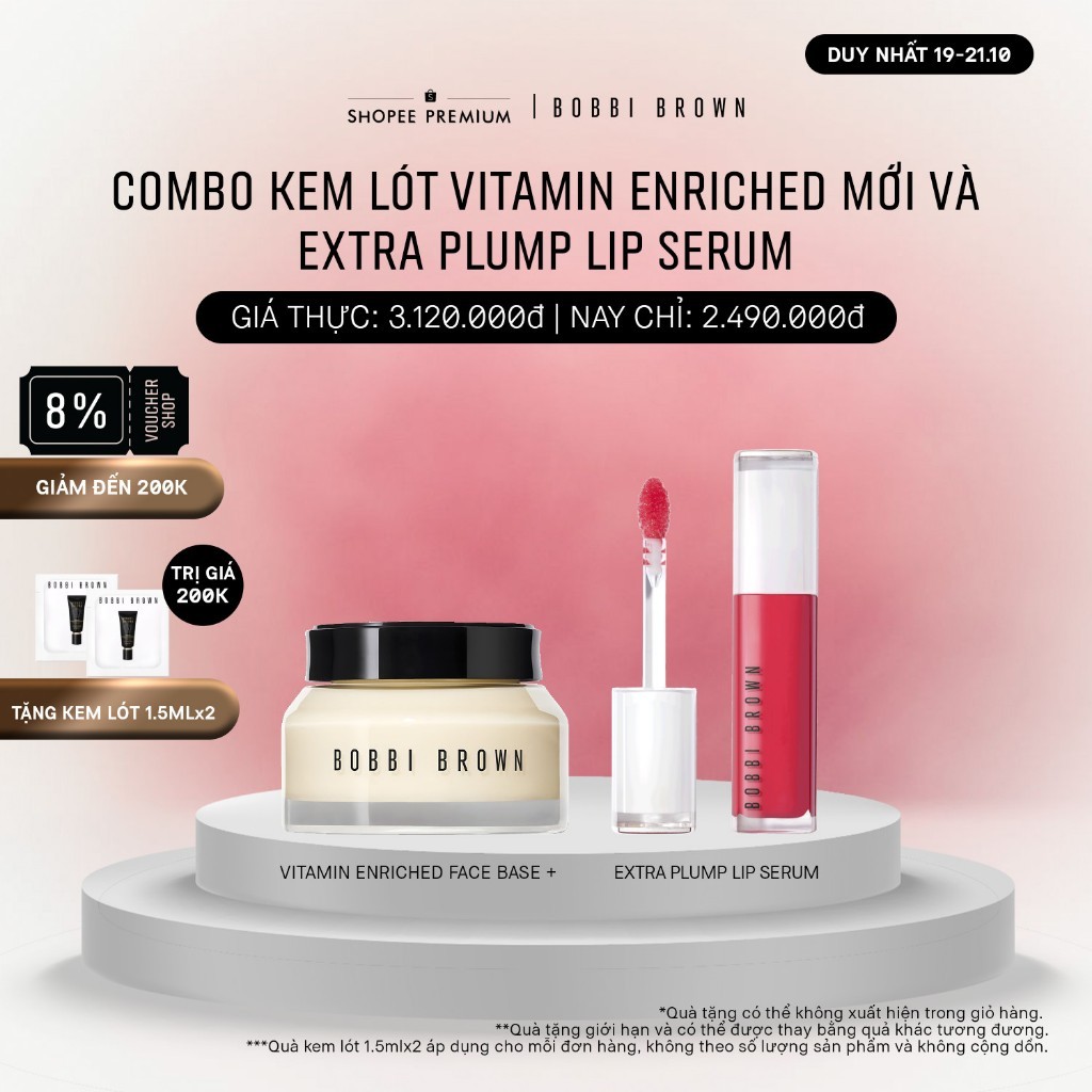 [ĐỘC QUYỀN 19-21.10] Bobbi Brown - Bộ 2 món: Bobbi Brown Vitamin Enriched Face Base 50ml, Extra Plump Lip Serum