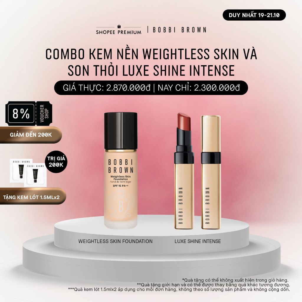 [ĐỘC QUYỀN 19-21.10] Bobbi Brown - Bộ 2 món: Kem nền Weightless Skin SPF 15 PA++, Luxe Shine Intense Lipstick