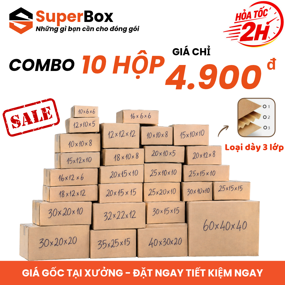 [HỎA TỐC] Combo 10 hộp đựng đồ FULL SIZE hộp giấy đóng hàng 3 lớp cứng cáp giá sỉ tại xưởng - Super Box
