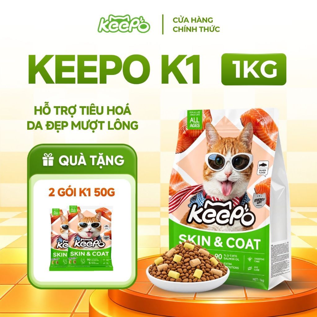 Thức ăn cho mèo Keepo K1 Gói 1KG Omega 3 đẹp da, mượt lông, hỗ trợ tiêu hóa, taurine duy trì thị lực
