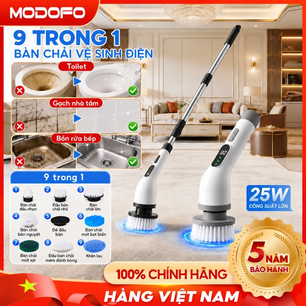 MODOFO 9in1 Bàn chải điện cán dài thu gọn, vệ sinh đa năng phòng tắm sàn nh chà sạch vết bẩn