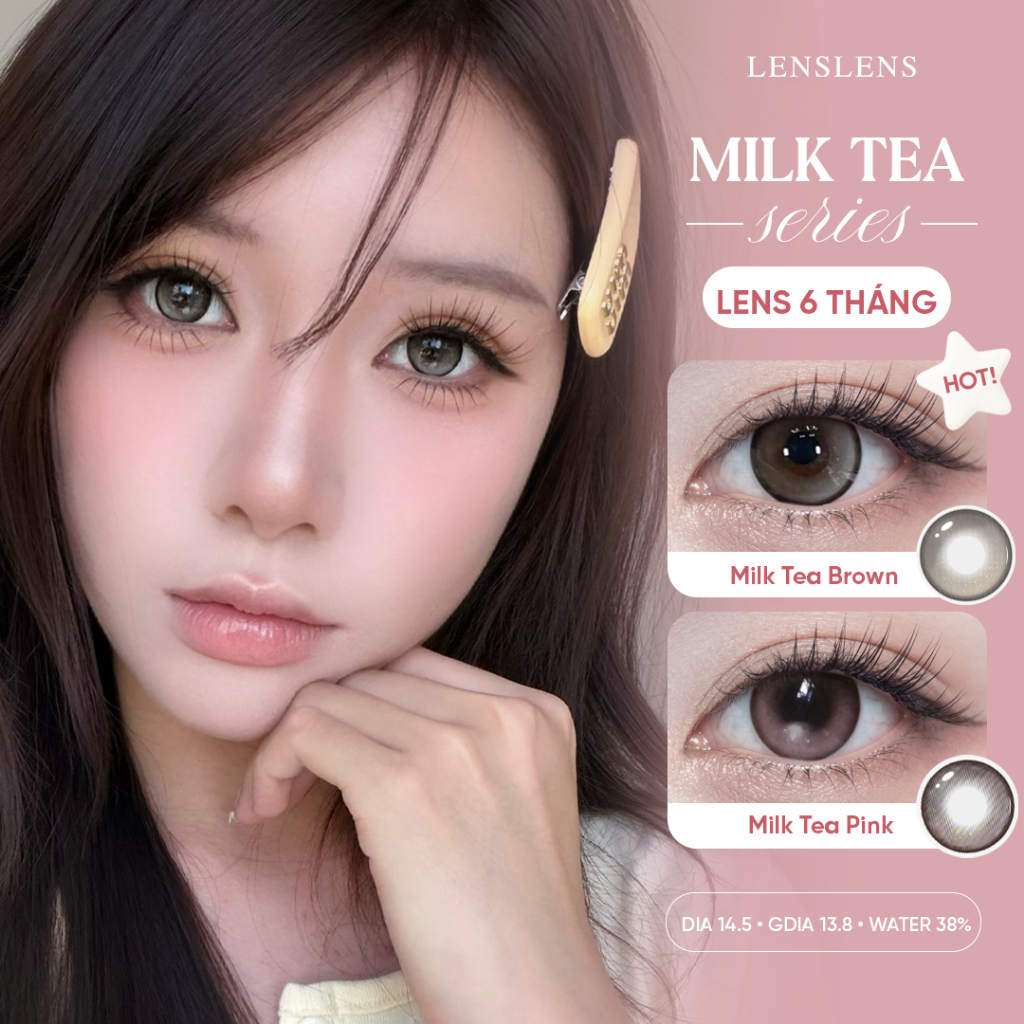 BST Lens Mắt Kính Áp Tròng 6 Tháng Milk Tea Brown/Pink Nâu Hồng Trà Sữa Trong Trẻo Hiệu Ứng Mắt To Tròn Baby 14.5mm