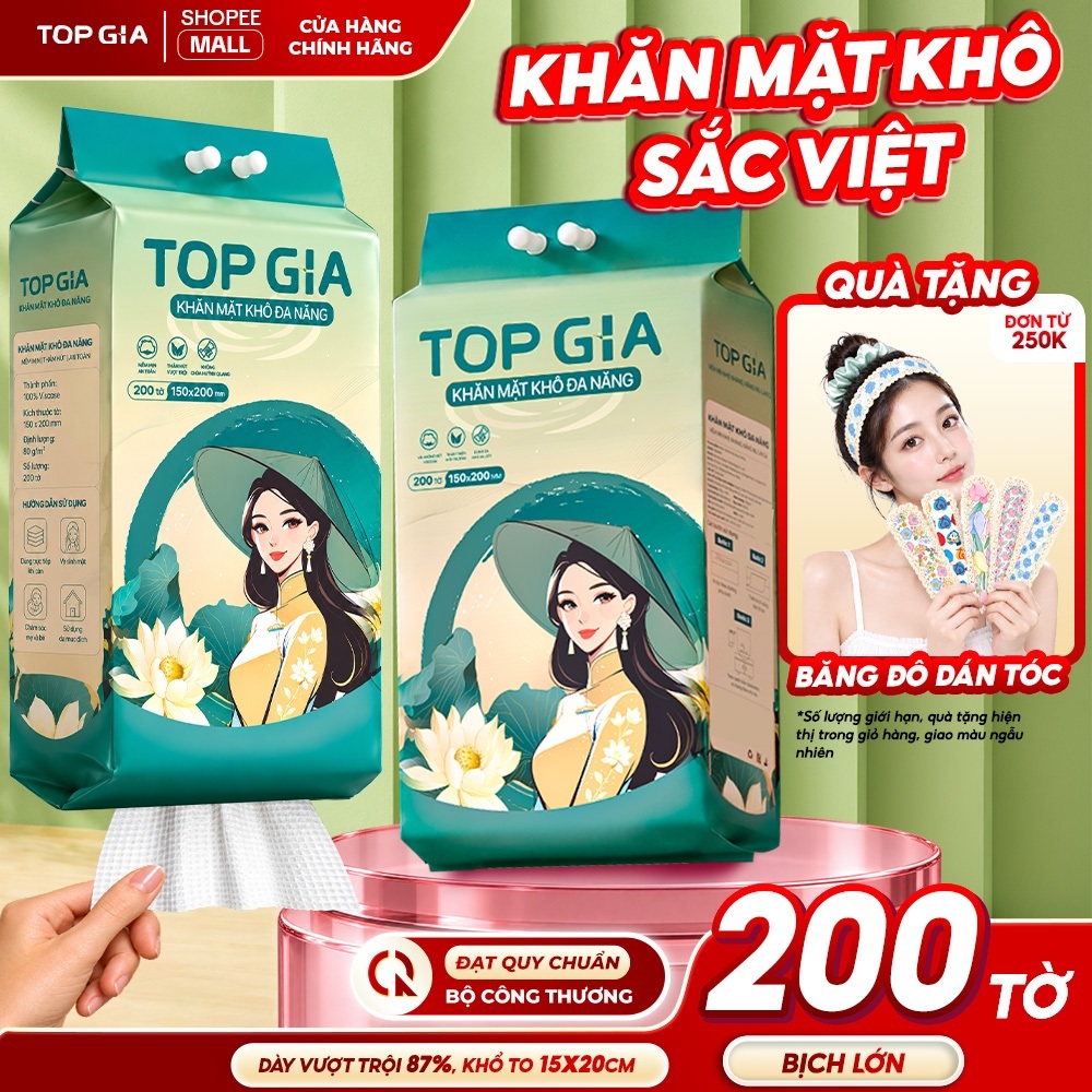 Khăn vải khô đa năng Top Gia, bịch 200 tờ Sắc Việt rút treo tường an toàn cho da tặng móc treo
