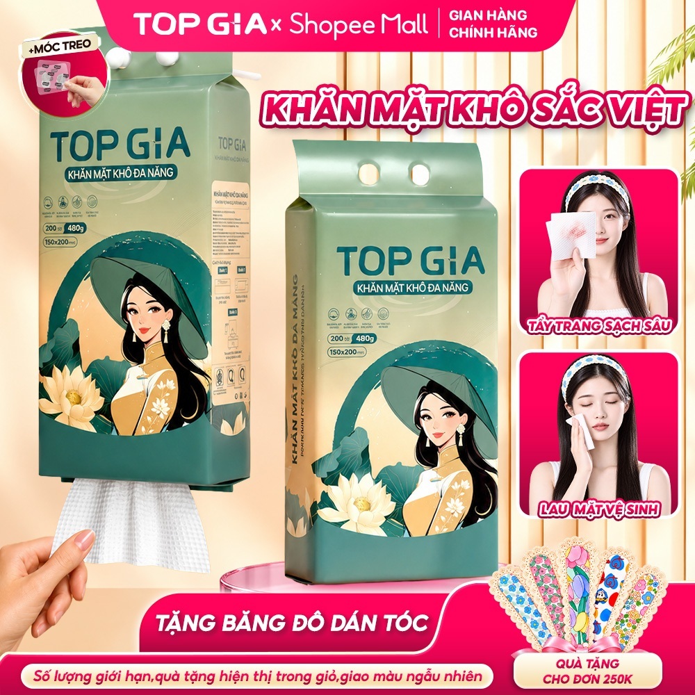 Khăn mặt khô Top Gia Sắc Việt treo tường, dùng 1 lần mềm mịn, an toàn cho da, bịch 200 tờ tặng móc