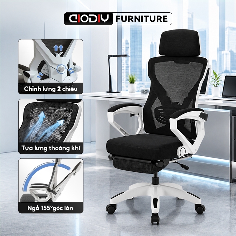 AIODIY Ghế Công Thái Học Văn Phòng, Lưới Thoáng Khí, Ngả 155°, Xoay 360°, Tựa Đầu & Hỗ Trợ Thắt Lưng