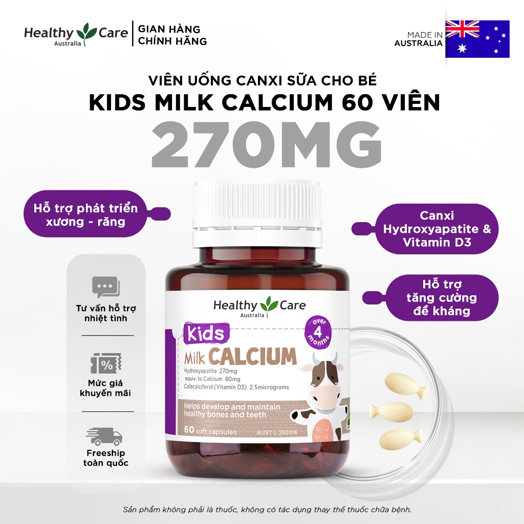 Viên Uống Canxi Sữa Cho Bé Healthy Care Kids Milk Calcium Hộp 60 Viên