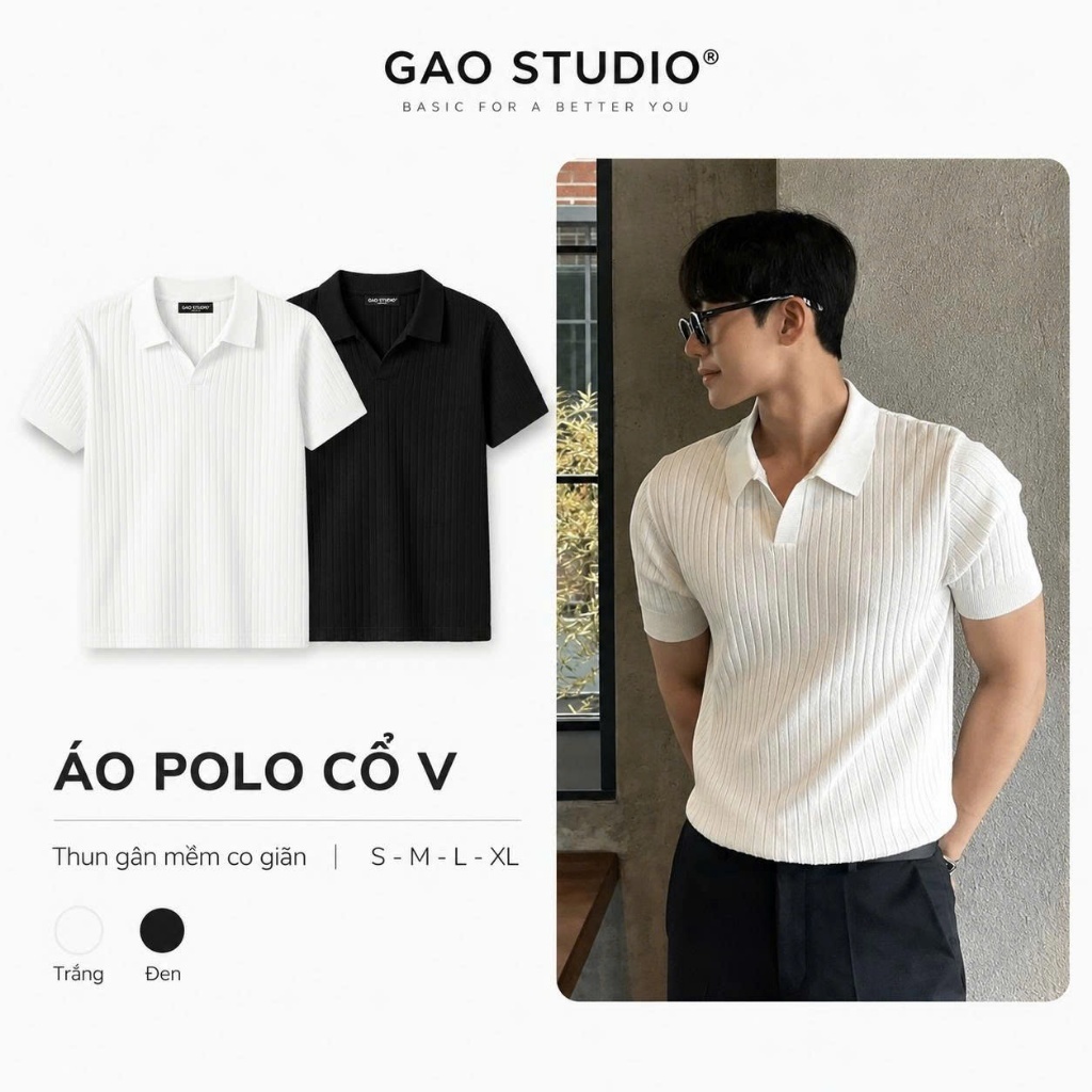 Áo Polo nam cổ V vải thun gân cotton trơn Basic co giãn phong cách sang trọng, nam tính, thanh lịch G001