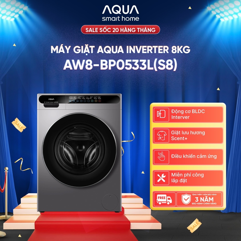 [DEAL XỊN THÁNG 10] Máy giặt cửa trước Aqua Inverter 8KG AW8-BP0533L(S8) - Freeship toàn quốc