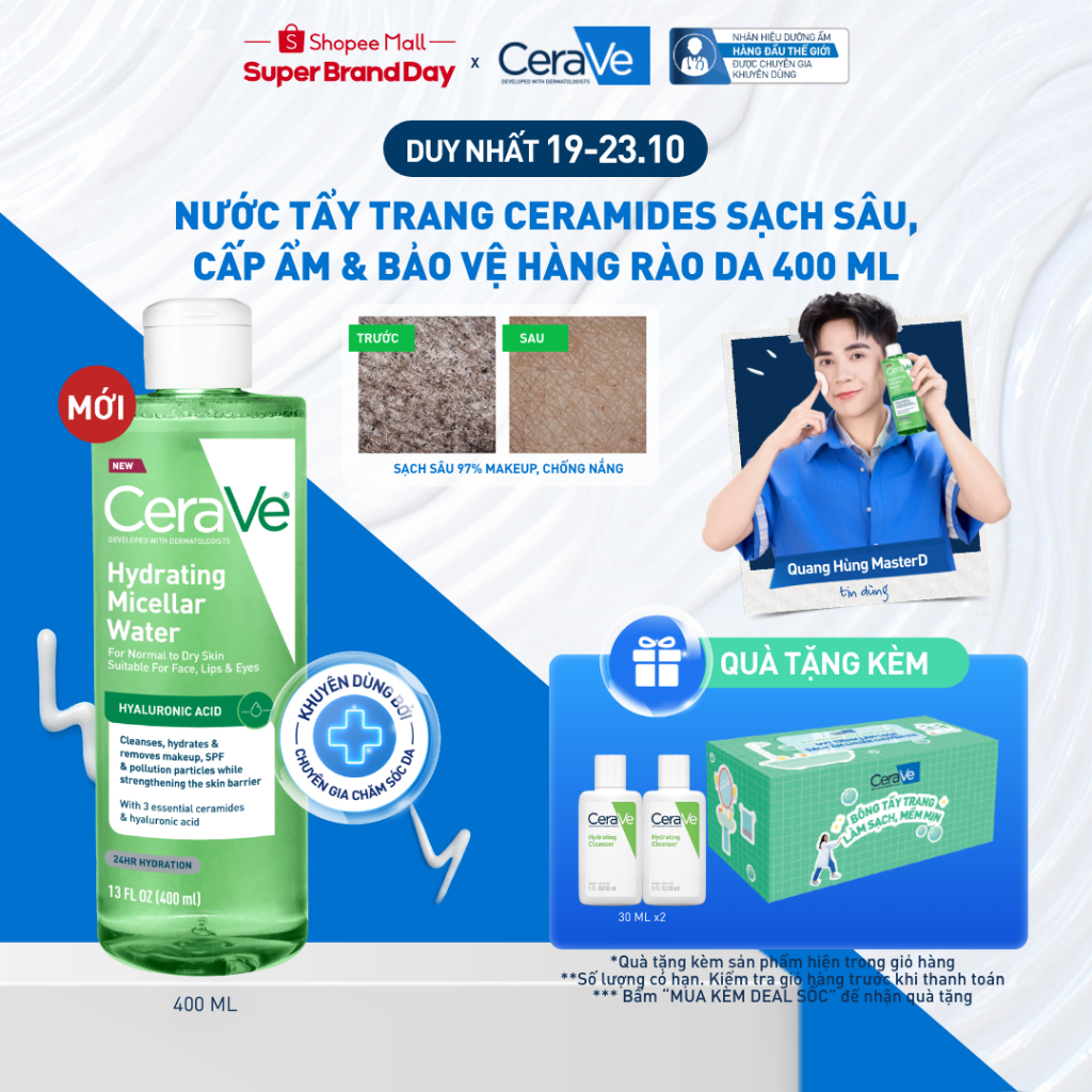[MỚI] Nước tẩy trang ceramides sạch sâu, cấp ẩm & bảo vệ hàng rào da 400ml CeraVe Hydrating Micellar Water