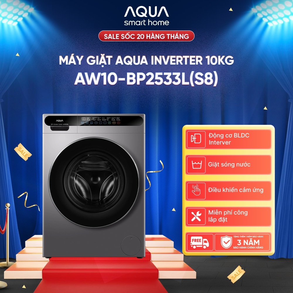 [Võ Hà Linh x AQUA] Máy giặt cửa trước AQUA Inverter 10kg AW10-BP2533L(S8) - Bảo hành 2 năm - Freeship toàn quốc