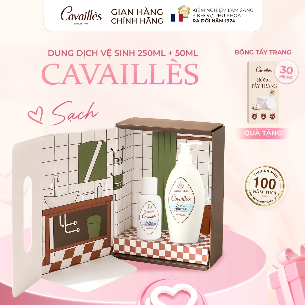 [Set Sạch] Dung Dịch Vệ Sinh Phụ Nữ Cavailles 250ml + Dung Dịch Vệ Sinh Phụ Nữ Cavailles 50ml Siêu Dưỡng, Làm Sạch