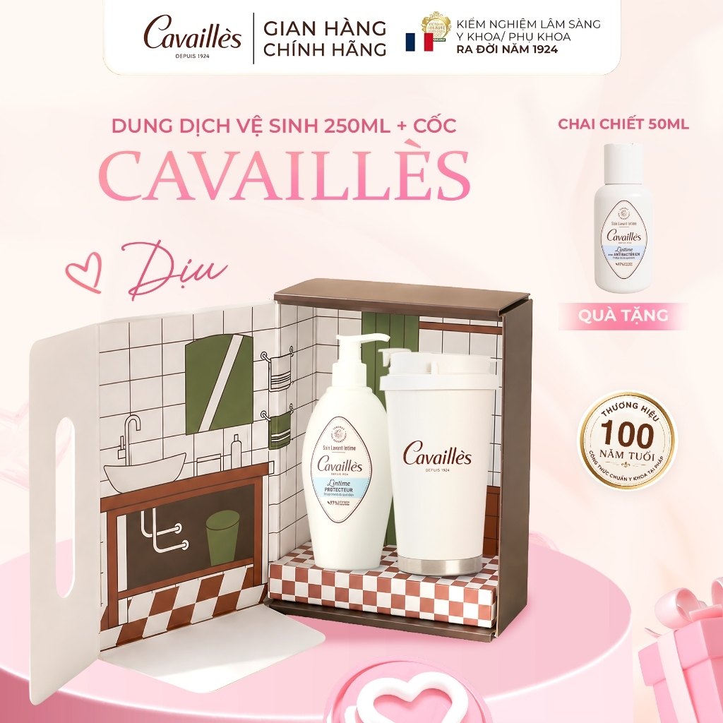 [Set Dịu] Box Quà Dung Dịch Vệ Sinh Phụ Nữ Cavailles 250ml + Cốc Giữ Nhiệt  Siêu Dưỡng, Giúp Cân Bằng pH, Làm Sạch 250ml