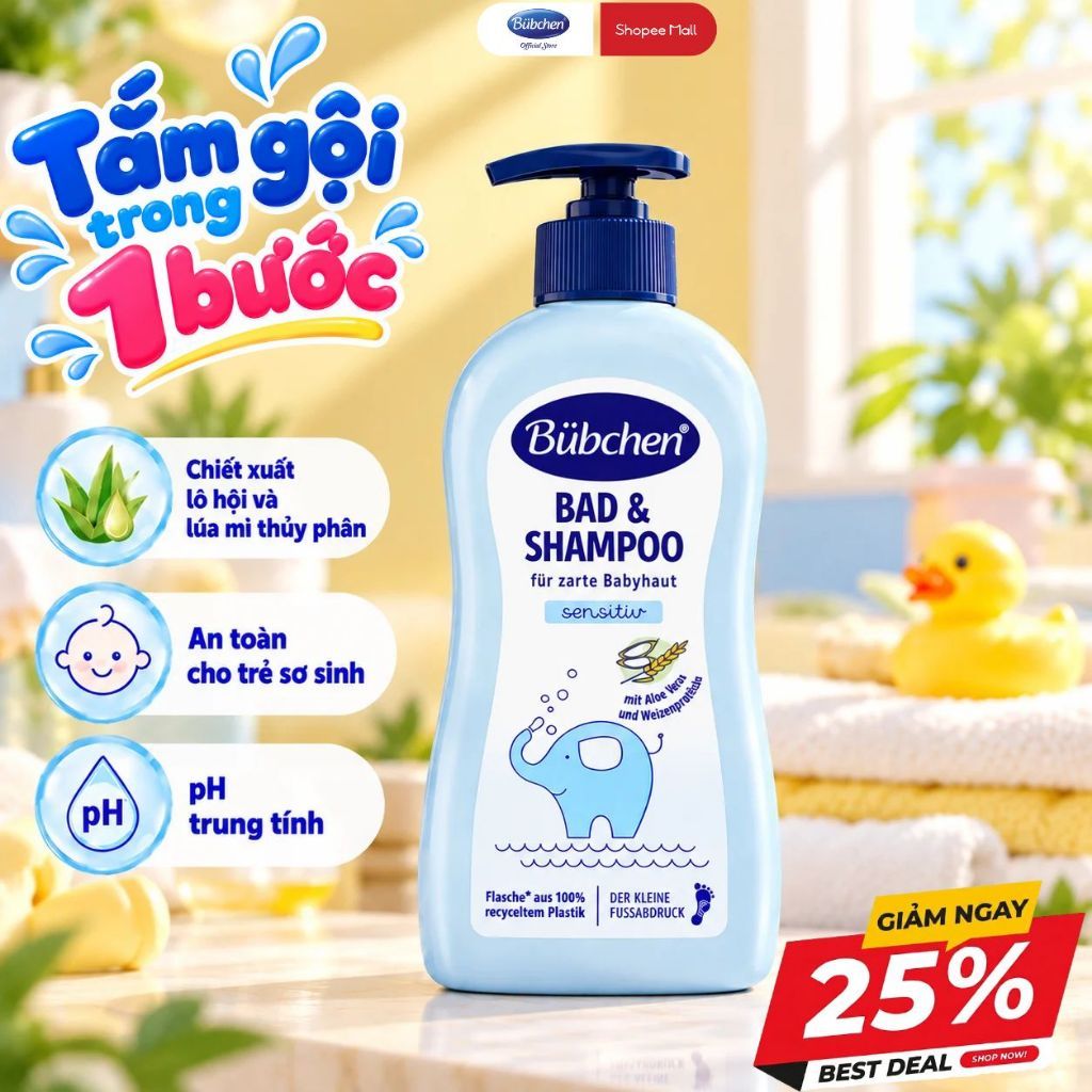 Sữa tắm gội Bubchen Bad and Shampoo 400ml tinh chất lô hội và hoa cúc La Mã thuần chay làm sạch dưỡng ẩm dịu nhẹ