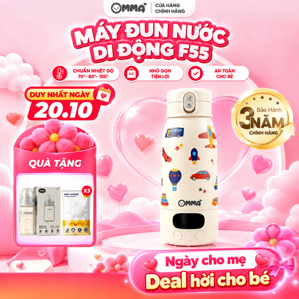 [Bản 2026] Bình đun nước cài nhiệt 35 -100 độ cầm tay di động F55 OMMA tiện lợi mang theo - BH 3 năm