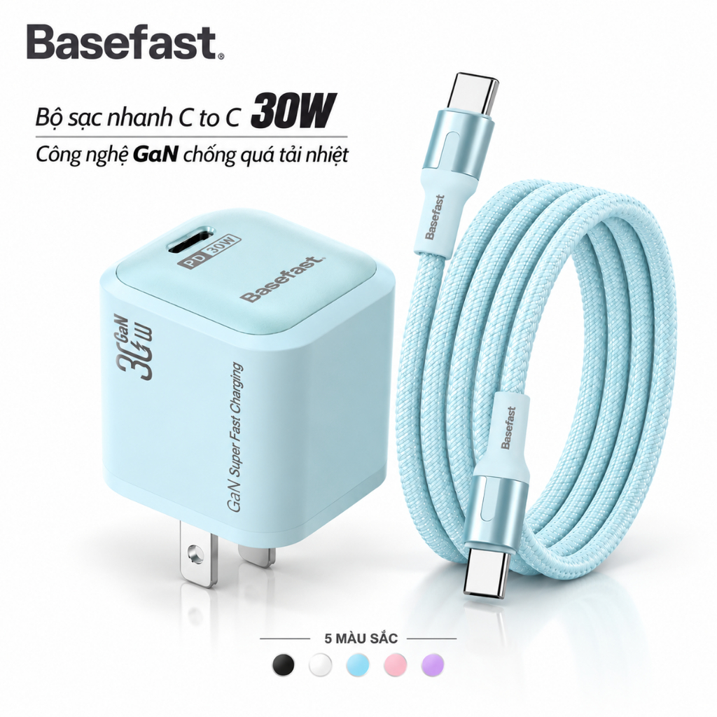 Combo bộ sạc nhanh Type C 30w Basefast Củ sạc Gan kèm dây dù 60w cho ip 15 16 17 18 samsung android