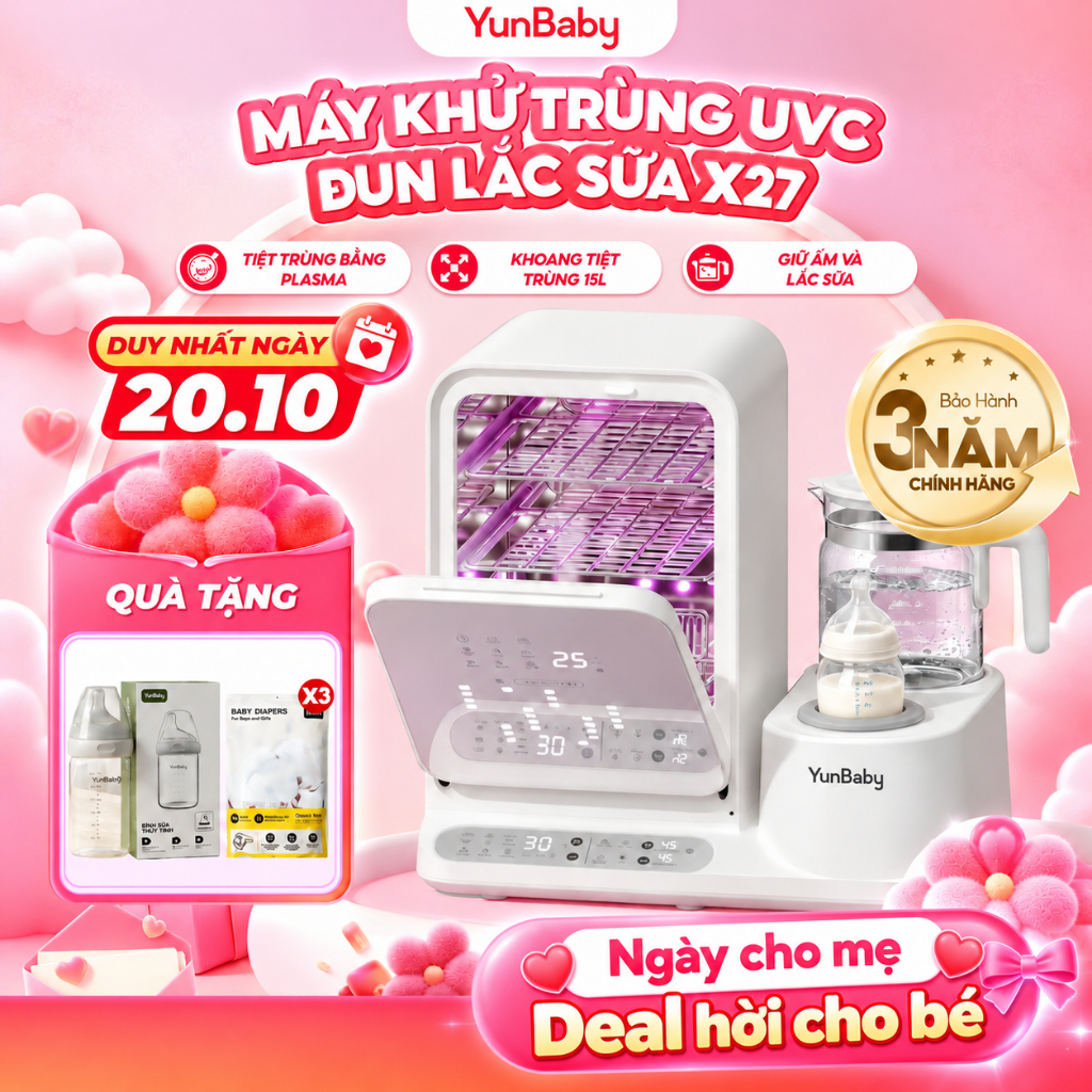 [BẢN TIẾNG VIỆT]  Máy tiệt trùng Yunbaby X27 đun nước Hâm Pha sữa Lắc sữa Tiệt trùng bình sữa Sấy khô Khử clo Plasma UVC