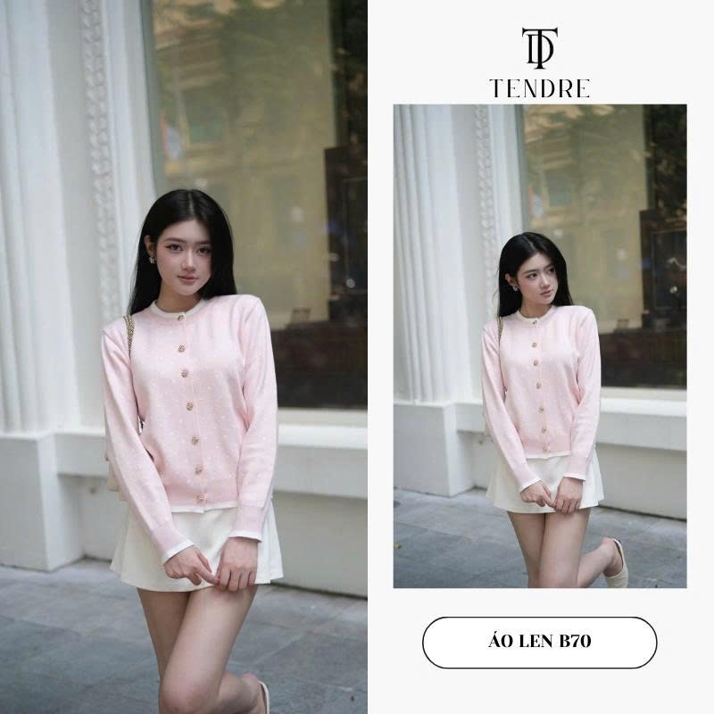 TENDRE - Áo Len Cardigan Nữ Cổ Tròn Phối Viền Họa Tiết Chấm Bi, Áo Len Dệt Kim Thanh Lịch Dễ Phối Đồ B70
