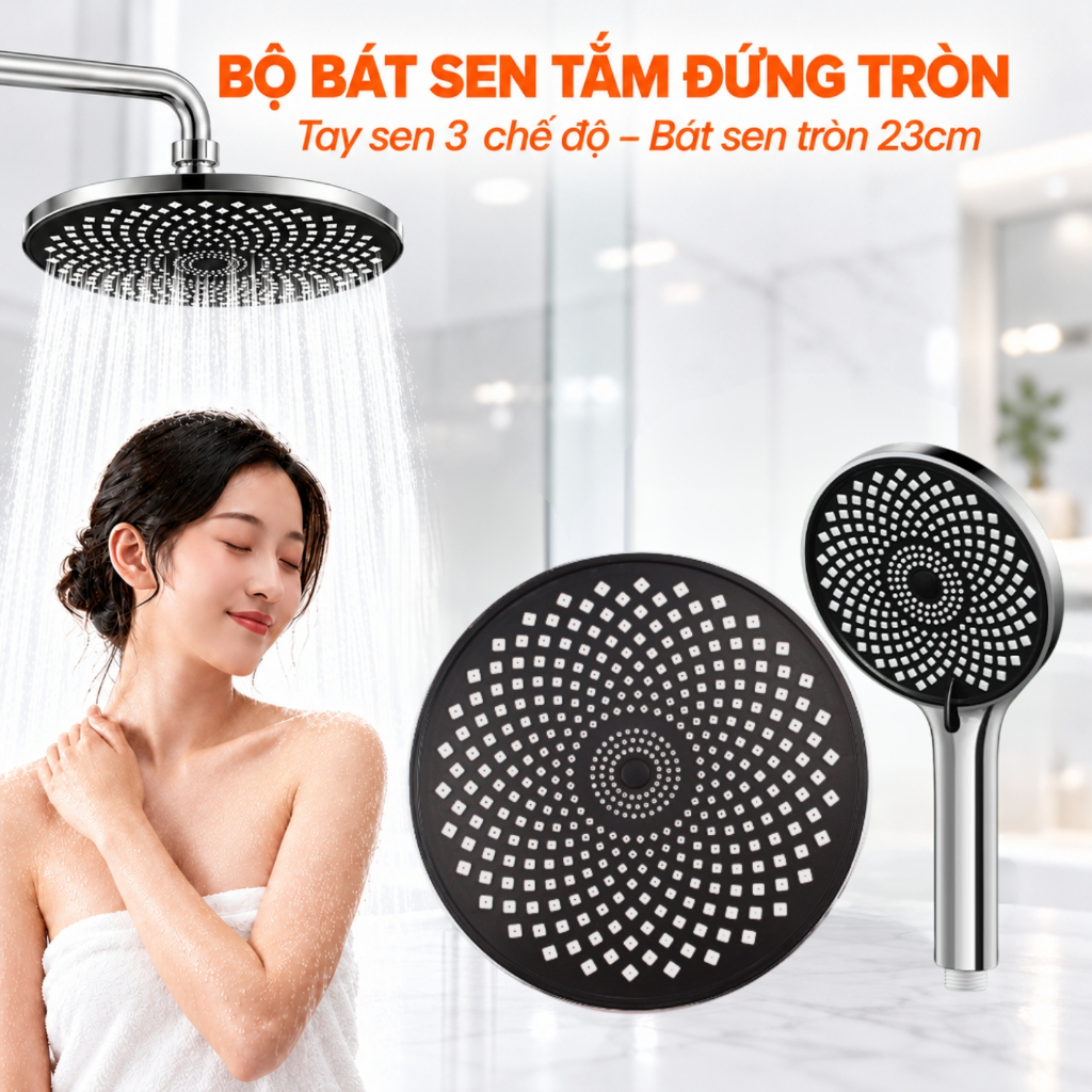 Bộ bát sen tắm đứng đường kính 23cm kèm tay sen 3 chế độ nhựa ABS mạ crom dùng thay thế - TS088 & TS044