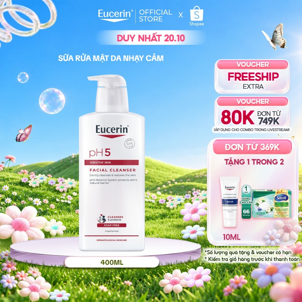 Sữa rửa mặt không gây kích ứng cho da nhạy cảm Eucerin pH5 Facial Cleanser 400ml | Skincare