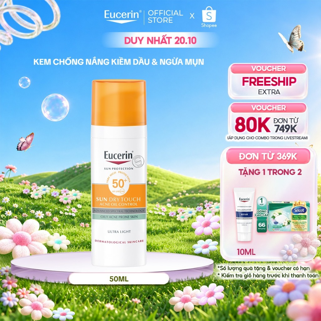 Kem chống nắng kiềm dầu & ngừa mụn Eucerin Sun Dry Touch SPF50+ 50ml | Skincare